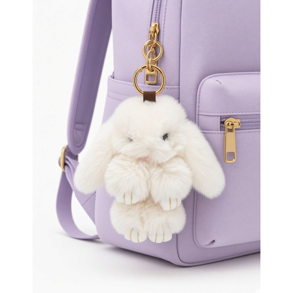 Plush Cream Bunny Keychain Bag Charm with Gold Ring